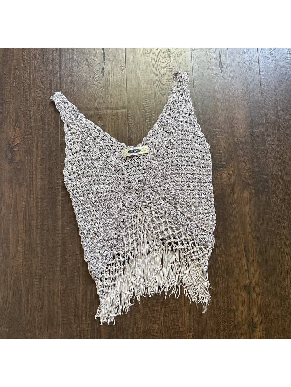 Vintage Joanna Handmade Crochet Fringe Top Silver Beaded Boho USA Made M